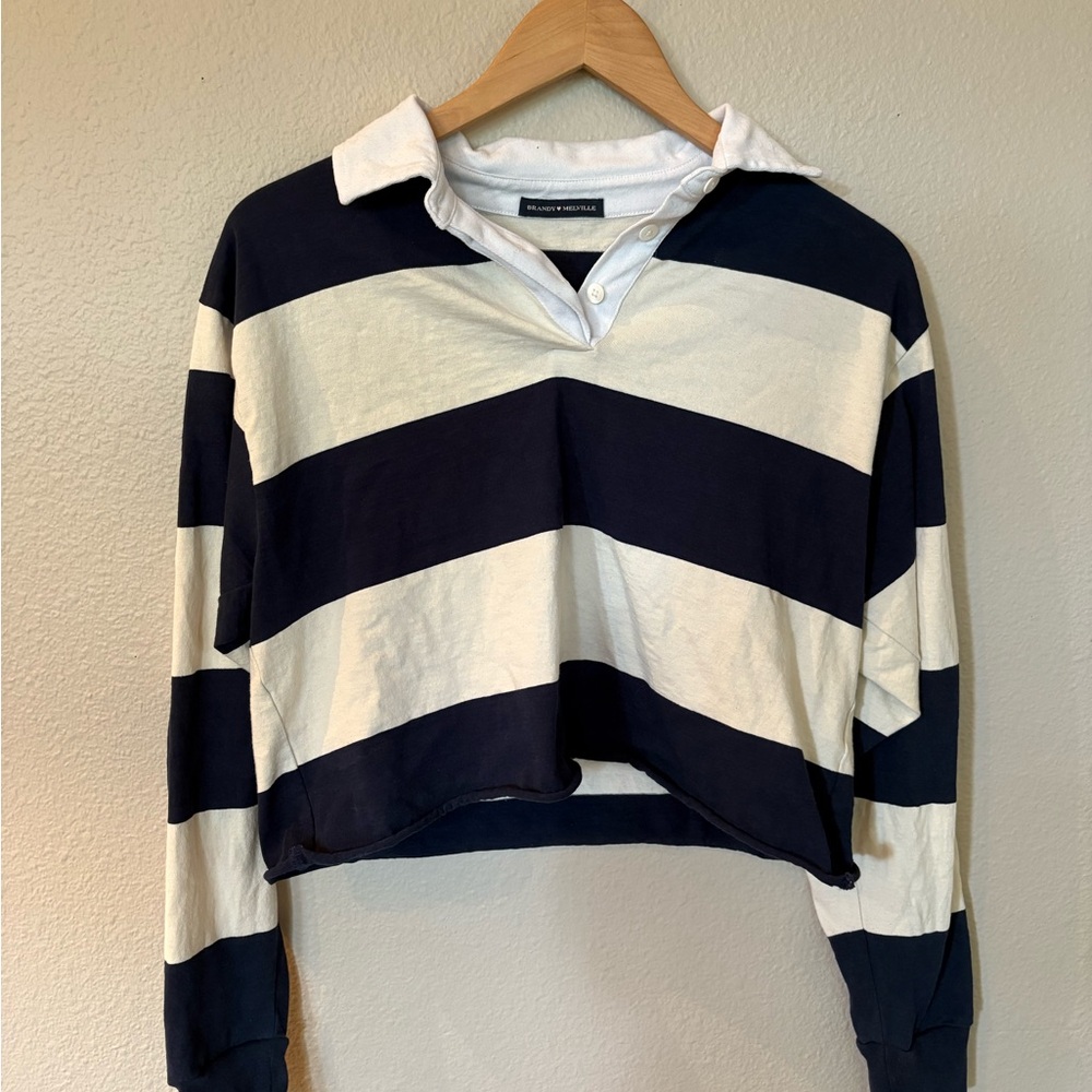 Brandy Melville Navy and white Striped collared Polo cropped shirt